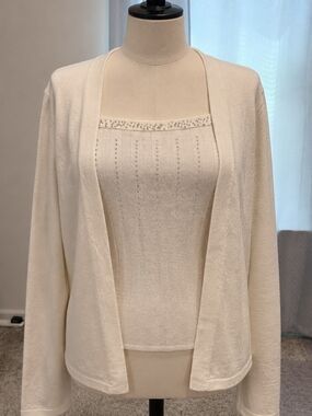 Cream Open-Front Knit Cardigan & Embellished Tank Set